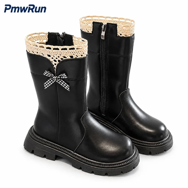 PU Leather Winter Boots For Girls Korean Style Trend Fashion Children's Plush Snow Footwear Anti-slippery Padded Cotton Shoes