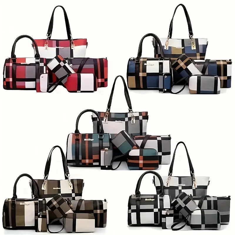 

6pcs/Set Women Plaid Pattern Shoulder Bags Set Multi-Functions Handbag Crossbody Bag Clutch Bag Wallet Ladies Crossbody Bag Suit