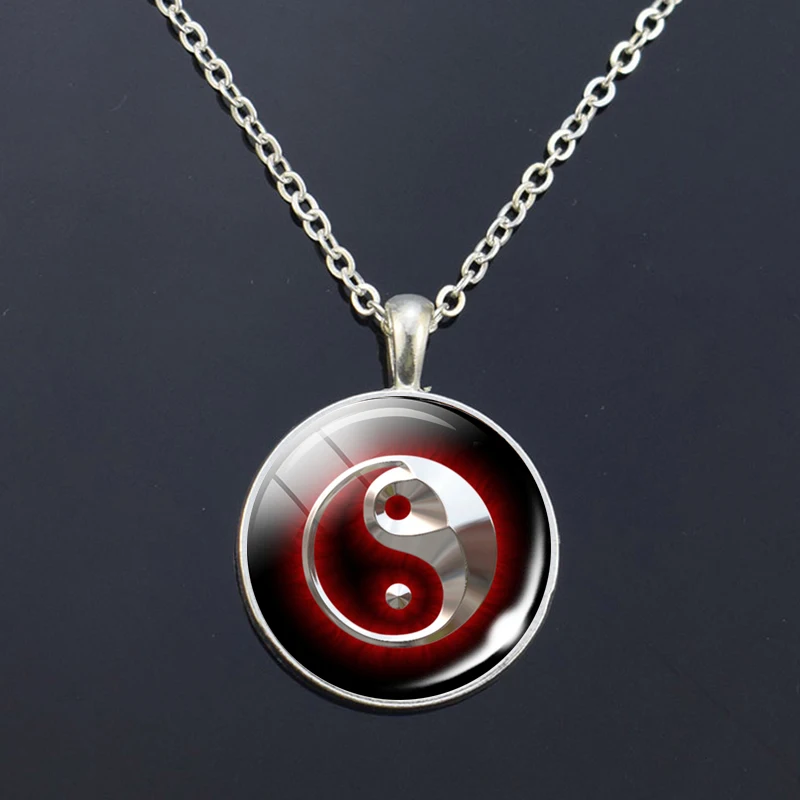Yin Yang Taichi Symbols Silver Color Necklace Glass Cabochon Jewelry Yin Yang Accessories Pendant Men Women Gifts