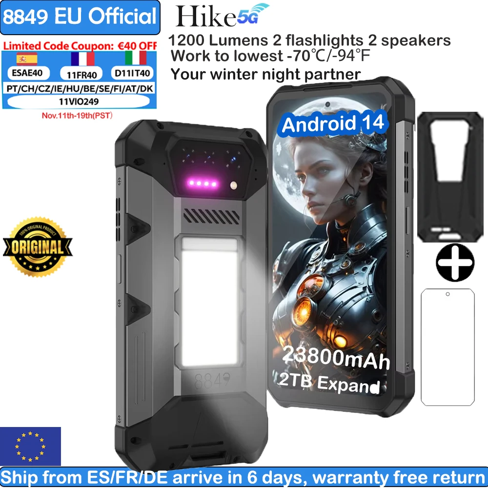 8849 randonnée Unihertz Smartphone robuste 23800mAh 24GB + 512GB extensible 2 to 1200Lumens lampe de poche Android14 deux SIM 6.78 ''120Hz
