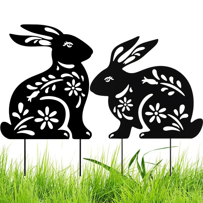 2 Pcs Bunny Garden Stakes Metal Bunny Stakes Metal Garden Rabbit Decorations Statues Creative Rabbit Silhouette Lawn