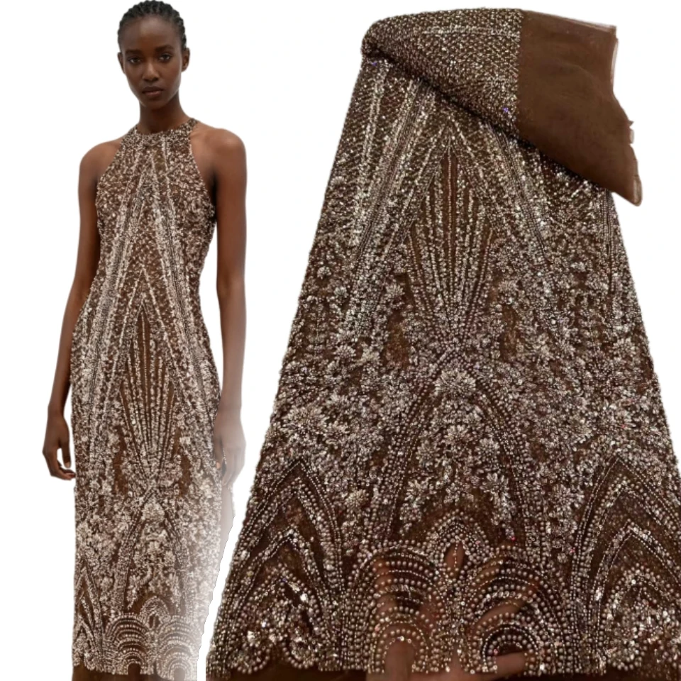 

Африканский кружевной тюль с бисером, тяжелая ручная работа, швейцарская ткань с блестками, нигерийская свадьба, платье для выпускного вечера, шитье, высокое качество, TP1795