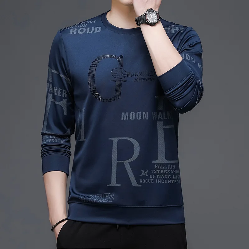 

2024 New Men's Printed T-shirt Long-sleeved Round Neck Thin Fashionable Fall Tops