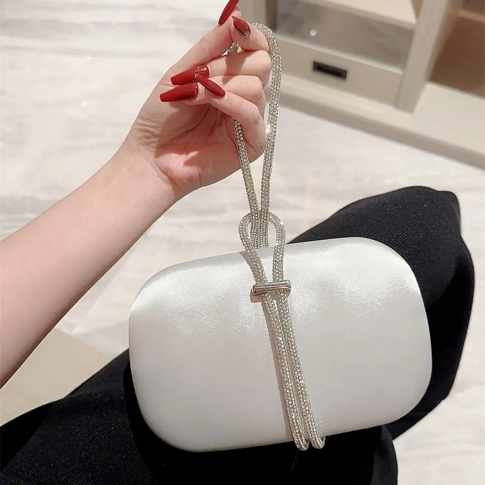 Elegant Gold Bright Silk Evening Bag Rhinestone Decorative Chain Shoulder Bags Banquet Clutch Wedding Party