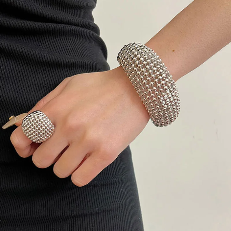

Luxury Retro European American Fashion Mirror Pearl Titanium Bracelet Ring Set Personality New