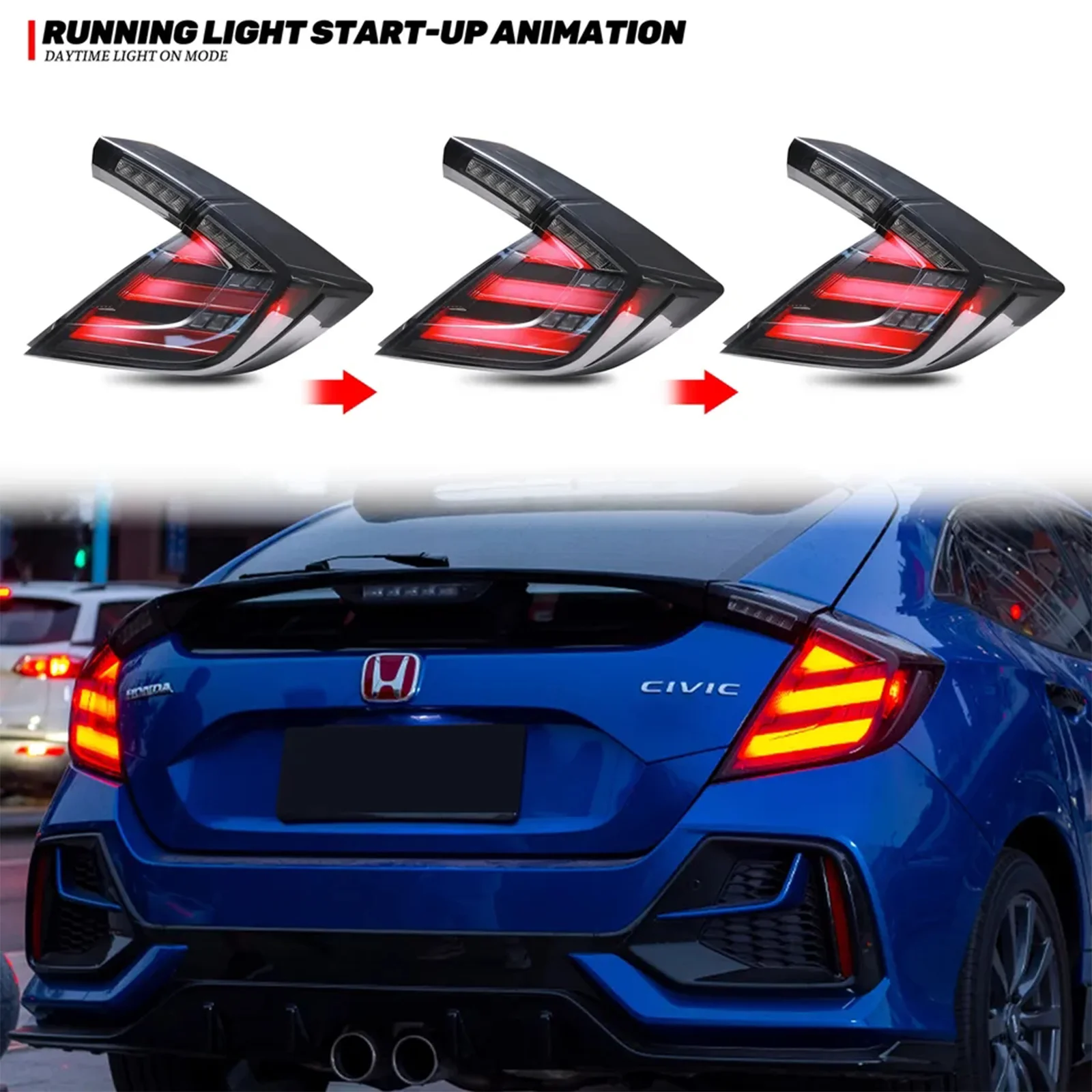 

Автомобильный задний фонарь в сборе для Honda Civic Hatchback 2016-2020, светодиодный тормоз, мерцающая вода, Plug and Play, задние фонари, задние фонари