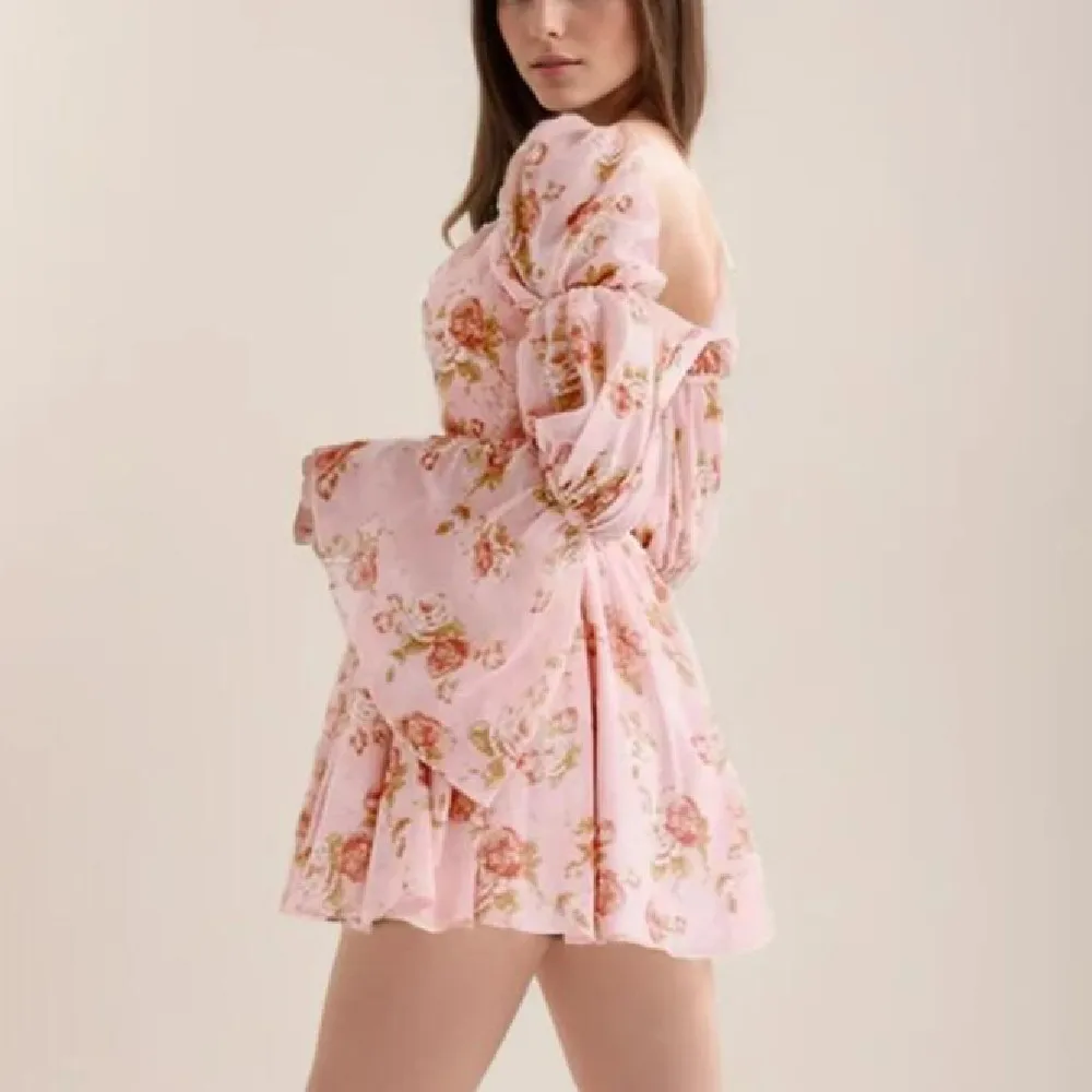 2024 Women Square Collar Pink Flower Print Lotus Root Node Full Sleeve Dress Back Zipper Low Waist A-line Hem Mini Robe Holiday