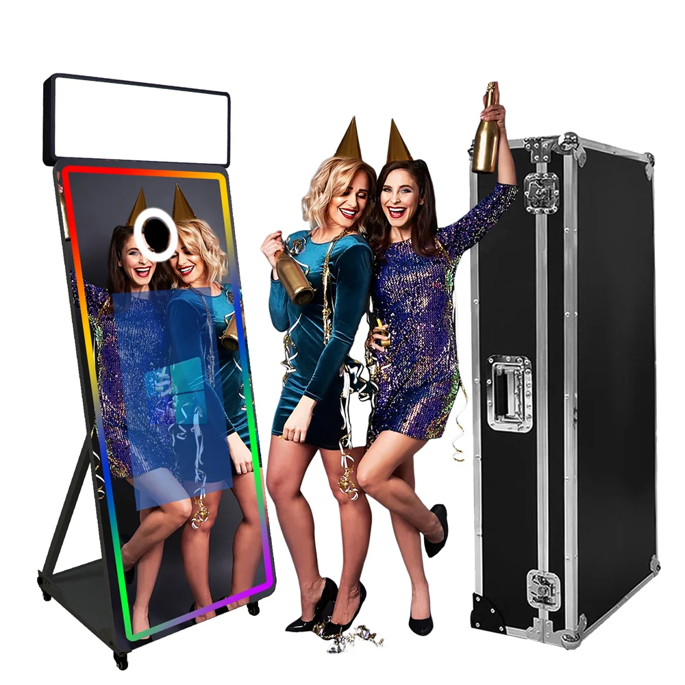 

Magic Mirror Photo Booth with Flight Case and Square Fill Light 65in Movable Mirror Photobooth Machine with 32in Touch Screen