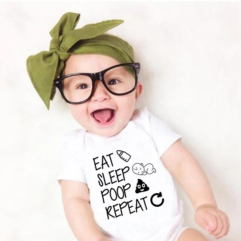 Cotton Baby Bodysuit Short Sleeve Letter Print Eat Sleep Poop Repeat Newborn Onesie Infant Daily Outfit Baby Shower Photo Prop