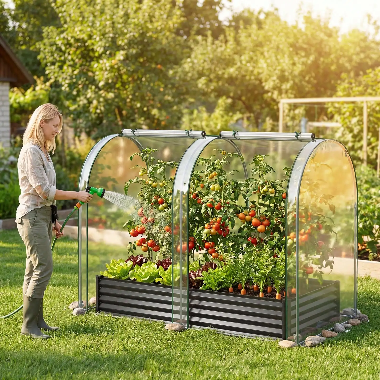 6 X 3 X 1 FT Galvanized Raised Garden Bed W/Greenhouse Cover 2 Roll-Up WindowsGardening Pots, Planters & Accessories