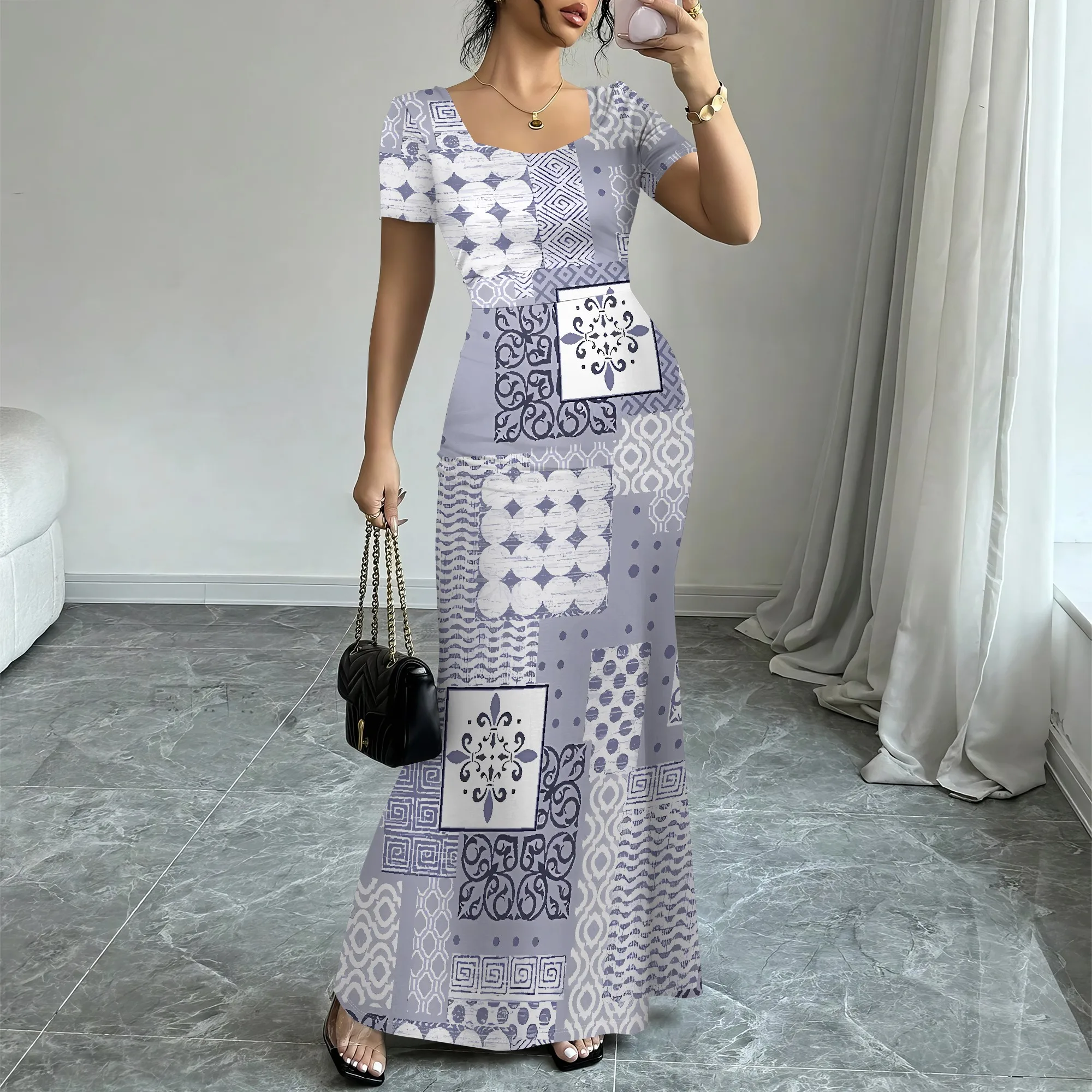 

EQQZD Short Sleeve Square Neck Mermaid Tail Dress, Modern Trendy Patchwork Print Maxi Dress for Women
