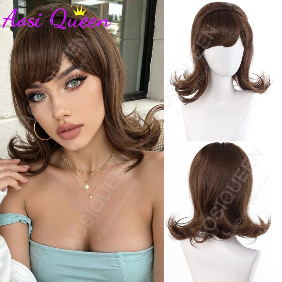 AOSI Peluca de colmena negra/marrón frío con flequillo para mujer, pelucas bouffant Pinup de los años 60 y 70 para disfraz Vintage, Cosplay, fiesta de Halloween