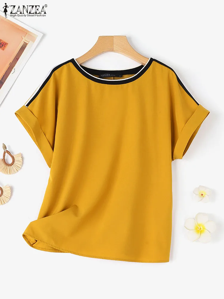 Women Round Neck Basic Tops ZANZEA Tunic 2024 Summer Patchwork Blouse Elegant Short Sleeve Shirt Korean Casual Solid Lady Blusas