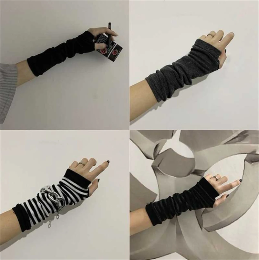 1pair Cross Striped Sleeves ins Long Sleeves Gothic Lolita Glove Women Men Outdoor Hip-hop Glove Soft Stretch Fingerless Mitten