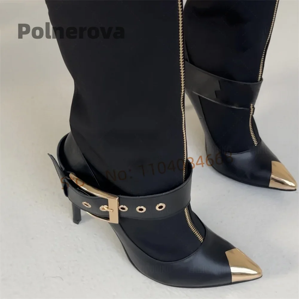 

Metal Pointed Toe Knee High Boots Women Belt Buckle Black Leather Patchwork High Heels Stiletto Front Full Length Zipper Shoes