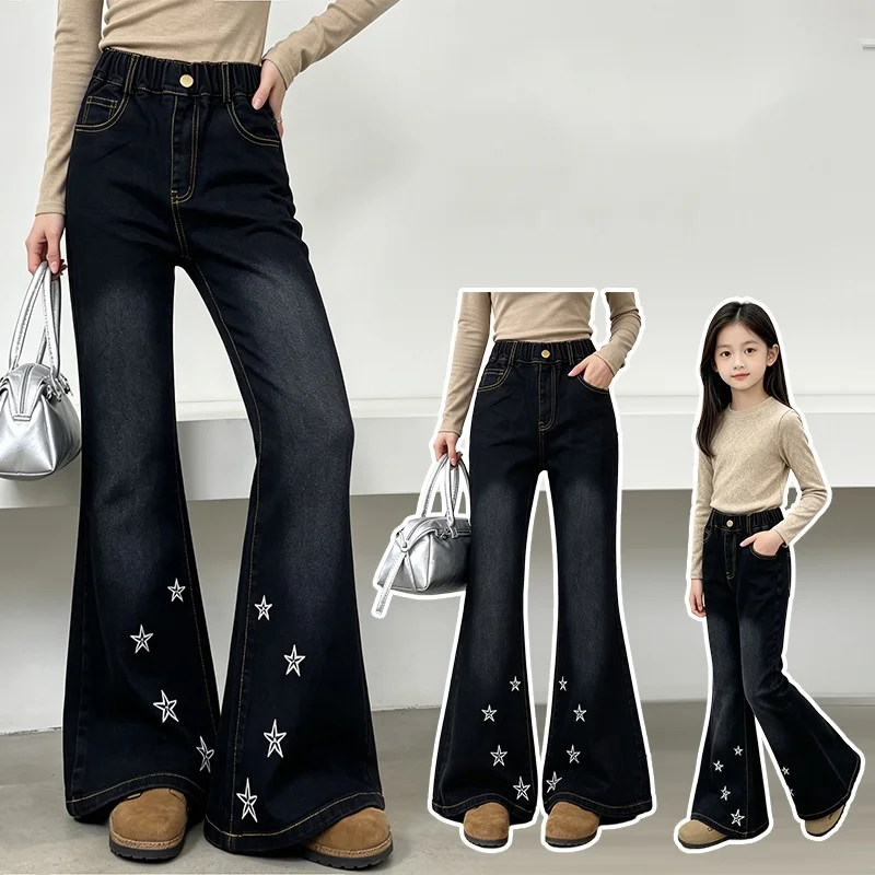 Teen Girls Flared Pants New Fashion Children's black Jeans Pentagram Embroidery Slim Denim Trousers for 5-14 Years Kids Bottom