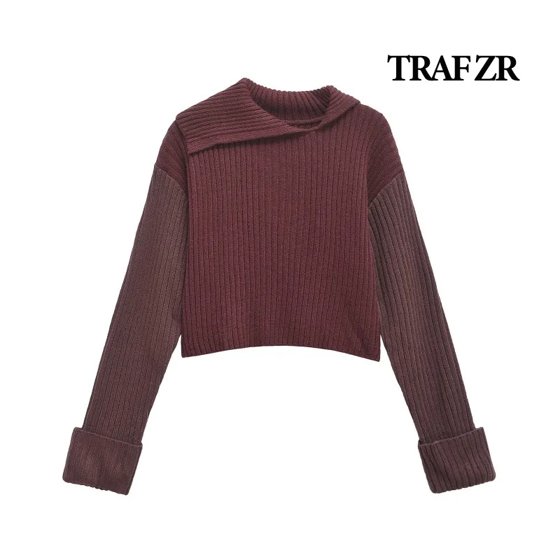 TRAF ZR Cropped Pullovers Asymmetrical Turn-down Collar Pullovers Solid Knitwear Long Sleeve Pullover Women's Autumn Sweater