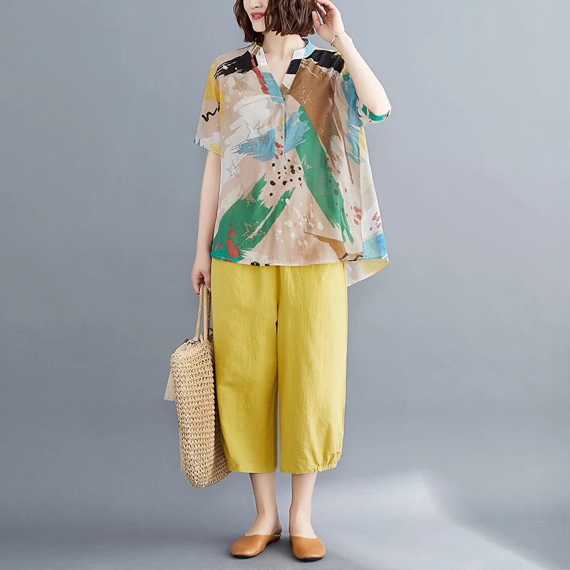 

Утягивающий хлопково-льняной повседневный модный комплект из двух предметов, женский свободный топ большого размера с принтом, брюки Харлан V-Ne ort Sve