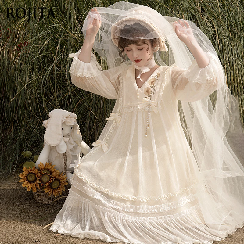 

Original Sunflower Embroidery Lolita Daily OP Flared Sleeve Dress Spring Autumn Long Sleeve Sheer Mesh A-line Dress Lolita Dress