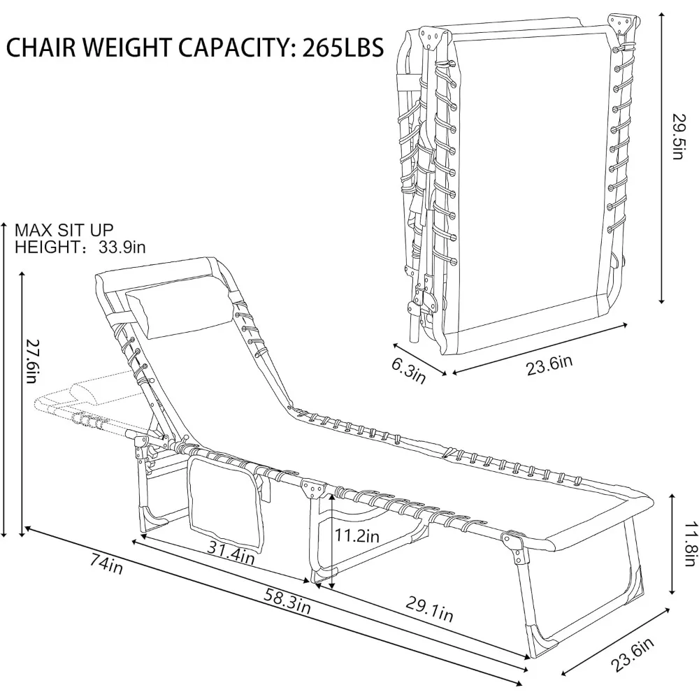 Chaise longue à 5 positions pour l'extérieur, chaise longue réglable améliorée, salon d'extérieur pliant