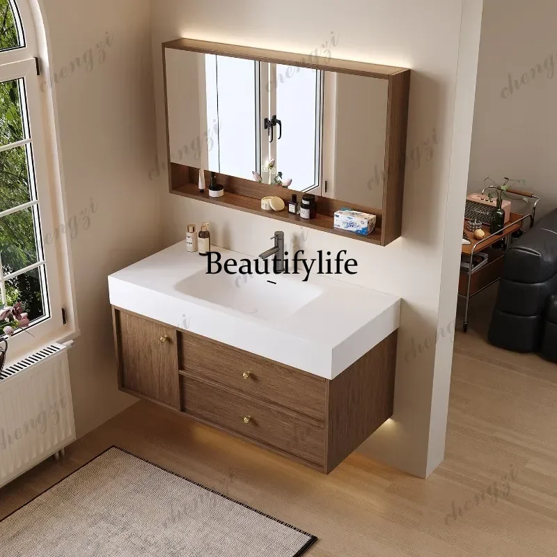 Vintage style Corian integrated basin bathroom rubber wood paint-free bathroom cabinet wash washbasin  a17