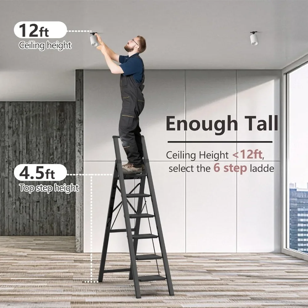 6 Step Ladder for 12 Feet High Ceiling, Lightweight Aluminum Folding Step Stool with Convenient Handgrip, Stepladders