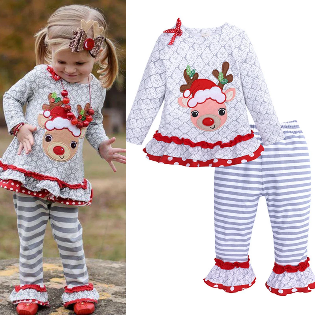 

Children's Clothing Toddler Girls Long Sleeved Reindeer Top+Striped Pants Set New Year's Christmas Style Children's Clothing