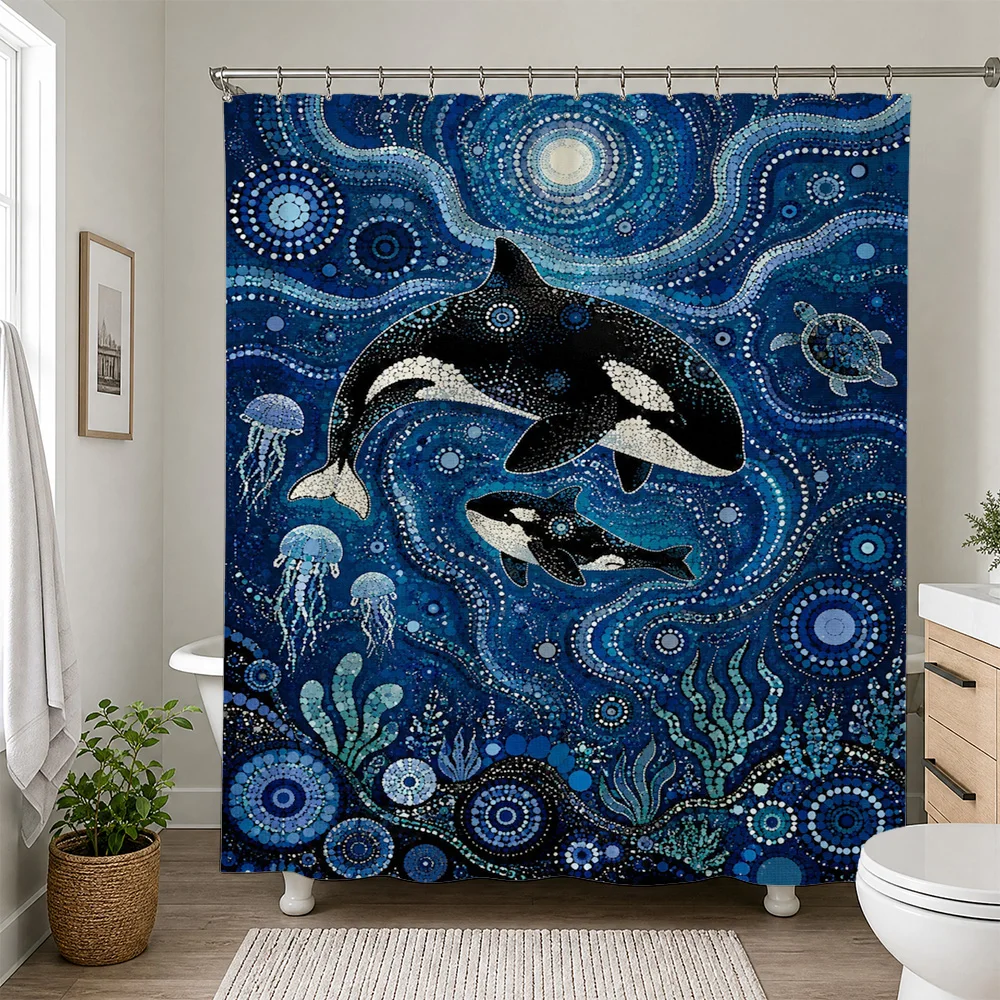 Vibrant Ocean Life Shower Curtain Blue Whale Dolphin Sea Turtle Underwater Tropical Nautical Bathroom Decor