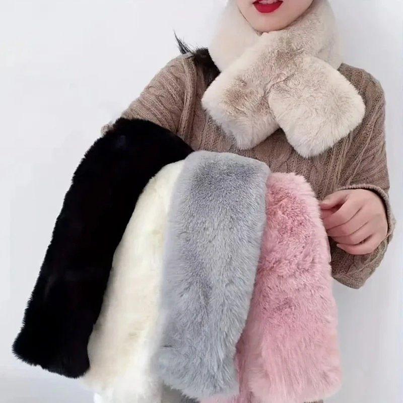 

Plush Cross Scarf Faux Rabbit Fur Thickened Soft Scarves Solid Color Autumn Winter Cold Resistant Women Neck Warmer Collar Scarf