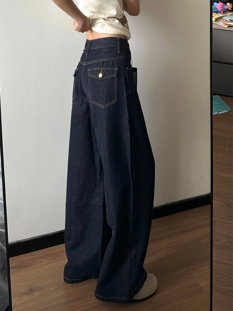 Dark-blue High Waist Women Wide Leg Jeans 2026 Autumn New Loose Figure-flattering Lazy Floor-length Long Denim Pants