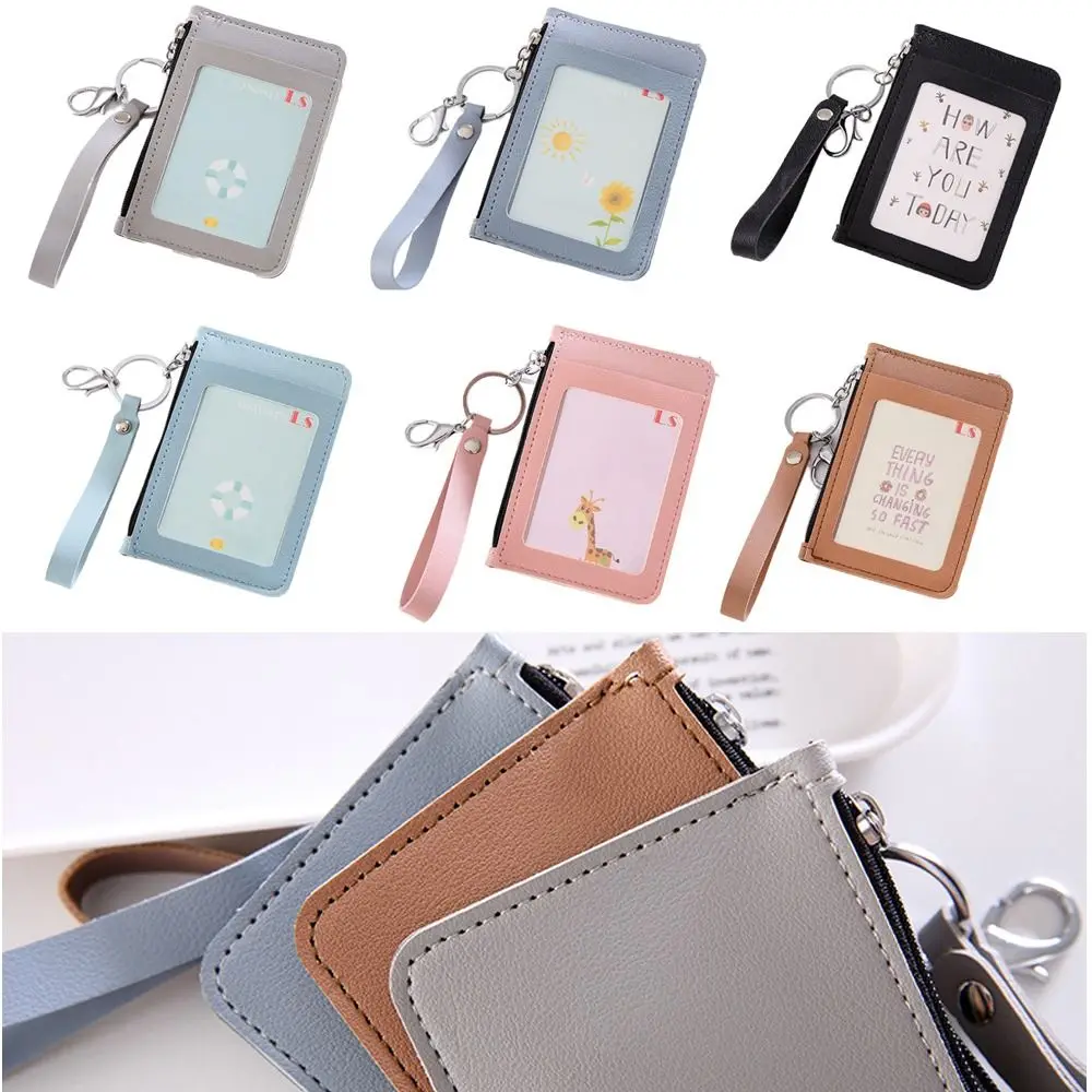 

PU Leather Zipper Card Cover Bag ID Tag Bus Pass Card Cover Case Coin Purse Business Card Case with Hand Rope