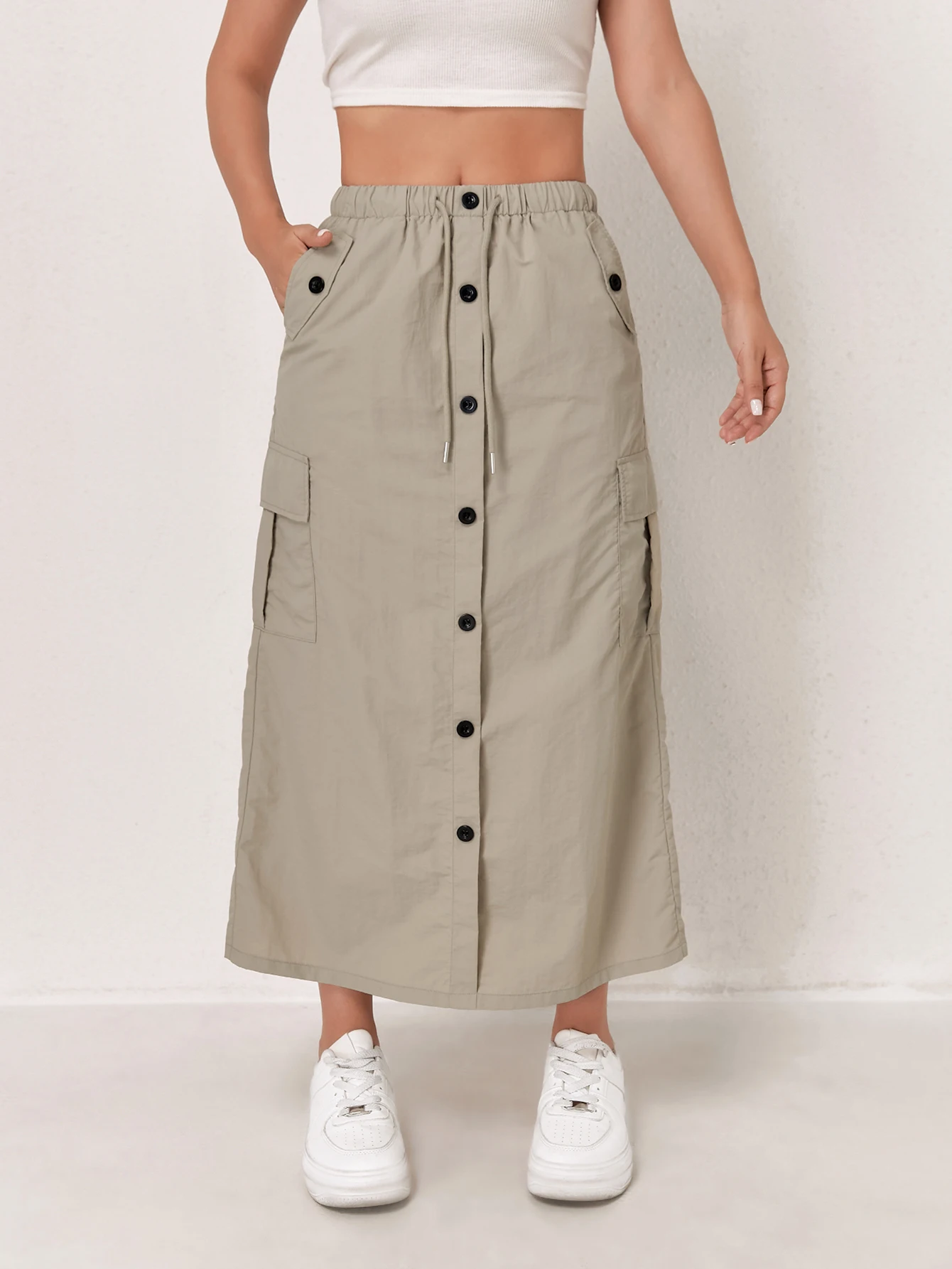 

Women'S High-Waist Cargo Skirt with Front Button Closure, Multiple Pockets, and Side Slit - Quick-Dry, Machine Washable, Casual