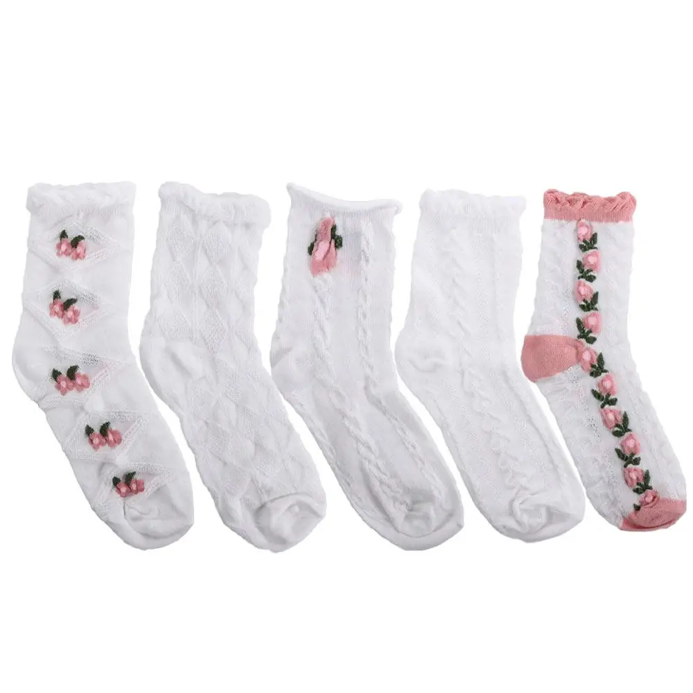 Kawaii Casual Breathable Harajuku Female Lattice Flower Socks Women Socks Female Hosiery Middle Tube Socks