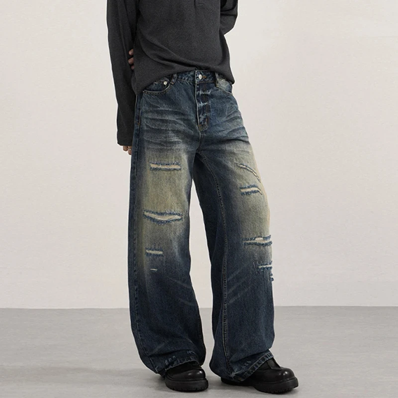 High Street Men's Jeans Worn-out Hole Patch Washing Contrast Color New Wide Leg All-match Male Denim Pants Trendy
