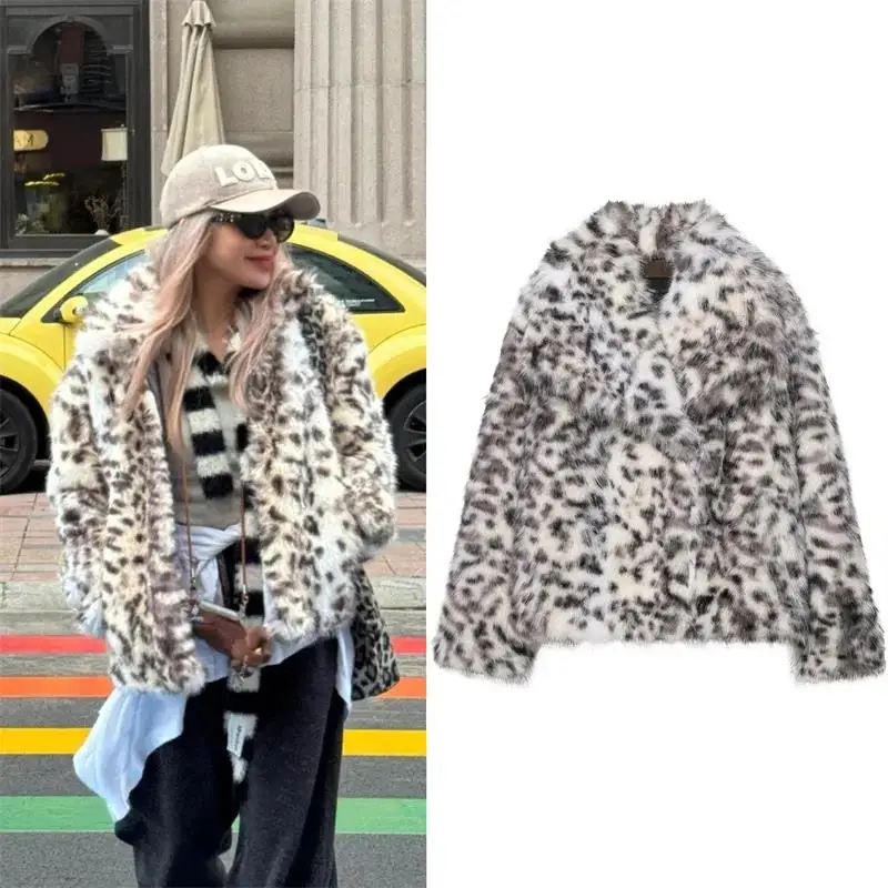 الخريف المرأة طباعة فو الفراء سترة عادية كبيرة التلبيب طوق المرأة معطف موضة الدافئة زر سترة الإناث شيك القمم