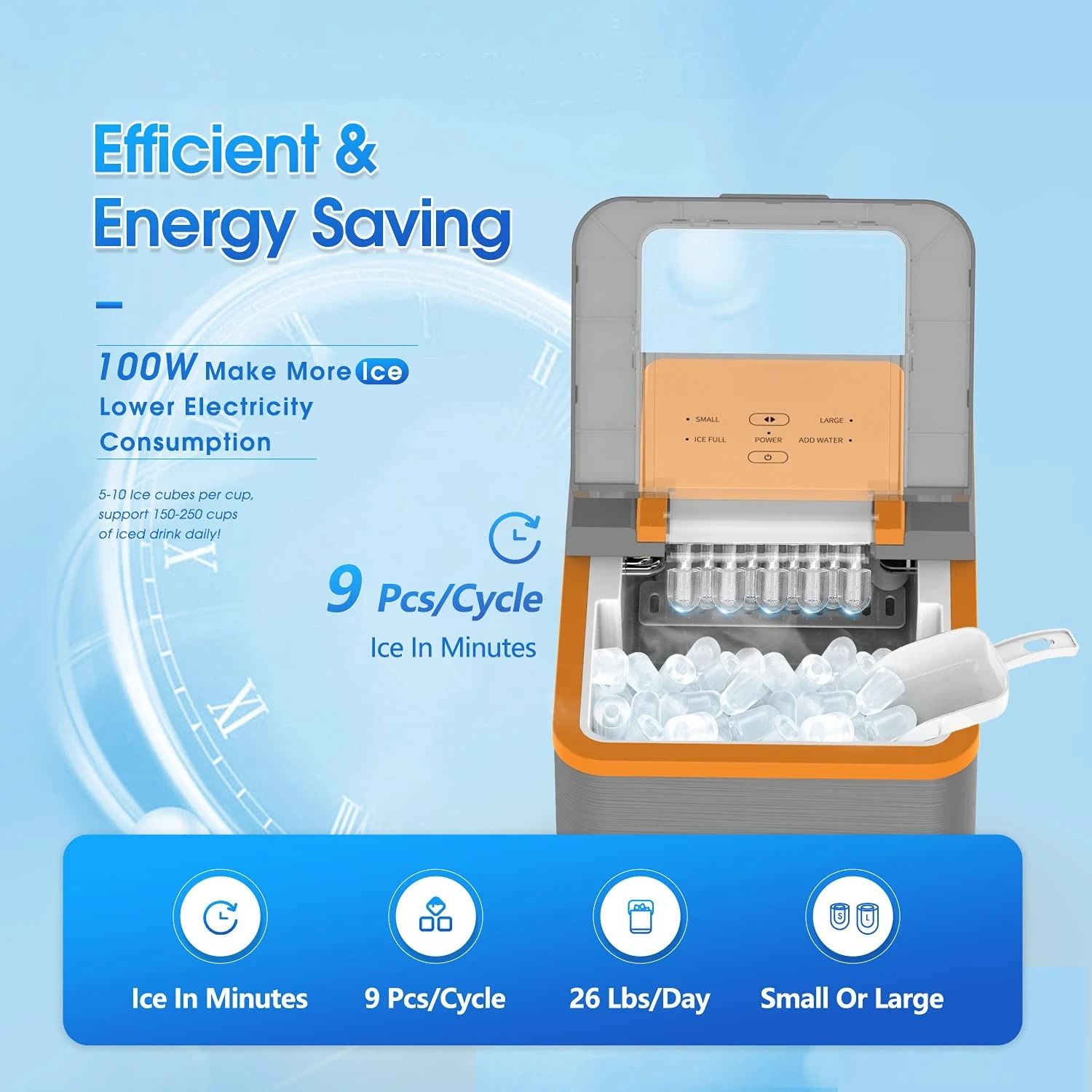 

Countertop Ice Maker Machine, 9 Bullet Ice Cubes Ready in 8 Mins 26LBS in 24 Hours, Self-Clean 1.8L Portable Ice Maker