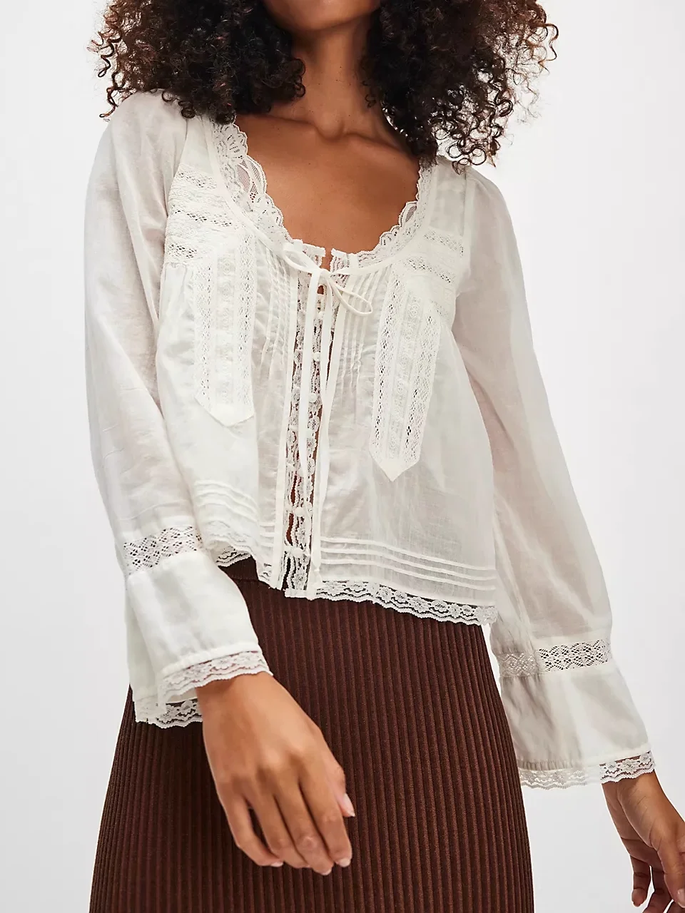 

Lace Embroidery Women 100% Cotton White Shirt Hollow Out Round Neck Long Sleeve Elegant Female Blouse