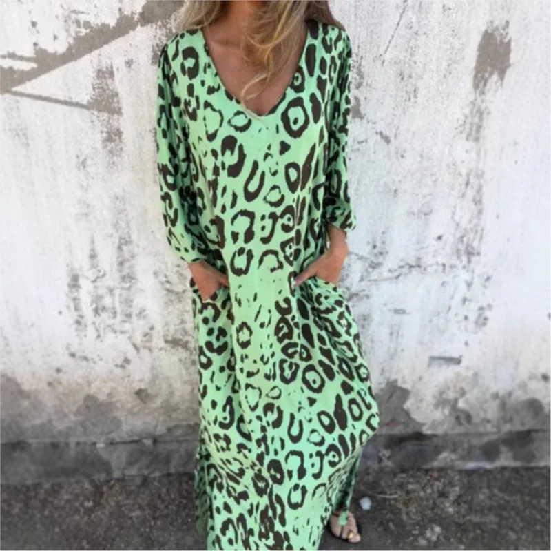 Vintage Leopard พิมพ์หลวมชุดยาวผู้หญิง 2025 ฤดูใบไม้ผลิ Elegant V คอกระเป๋า Maxi ชุดฤดูใบไม้ร่วง 3/4 แขน Boho วันหยุดชุด