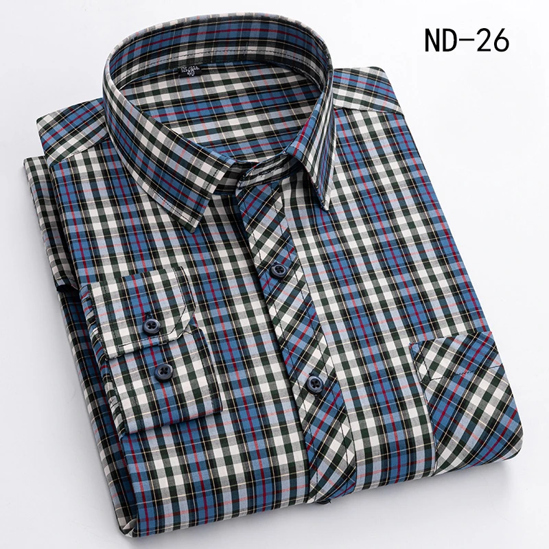 Camisas de algodão xadrez para homens, manga comprida, bolso único, ajuste regular, macio, cuidado fácil, vestido clássico, camisas casuais, roupas