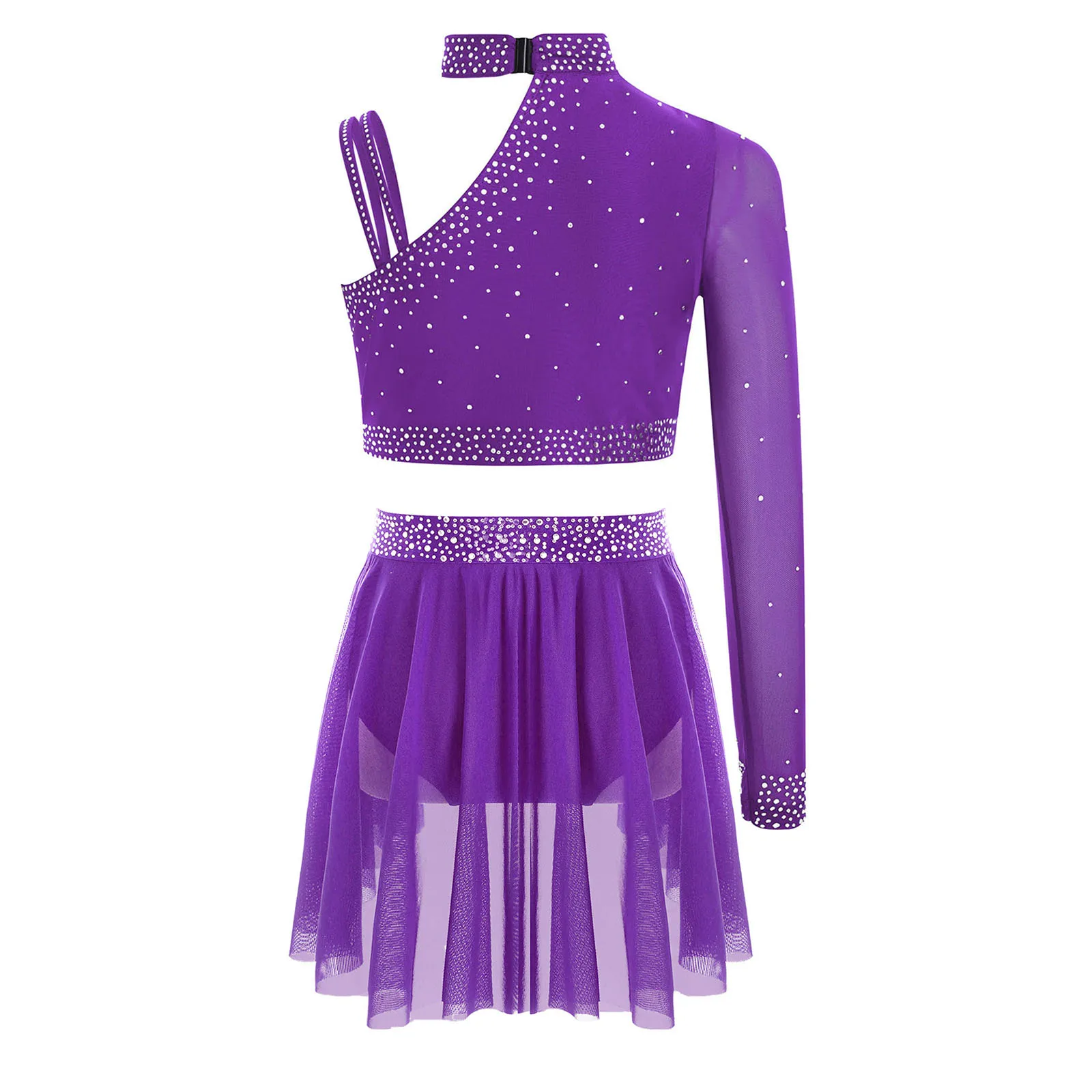 Kids Girls Dance Dress Unique Irregular Shoulder Rhinestones Crop Top with Ruched Skirt Outfits for Figure Skating Gymnastics