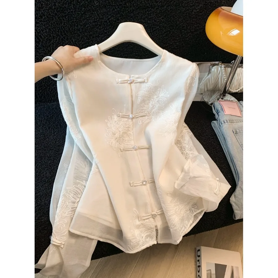 

New Chinese Style Embroidered Button Loose Women's Shirt Spring Summer Sweet Slim Fit Long Sleeve Top City Walk Casual Wear