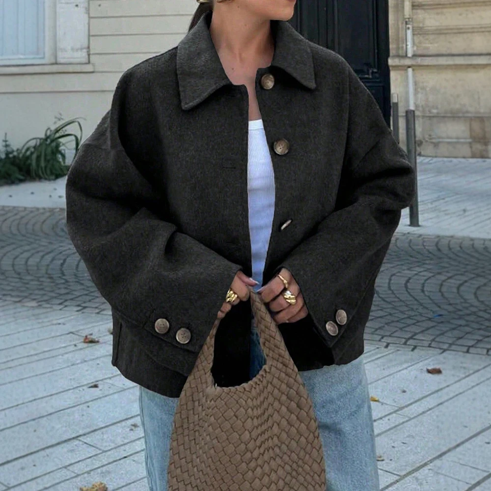 

Autumn Winter Woolen Coat For Women Loose Fit Double Pocket Turn-down Collar Jacket European And American Style