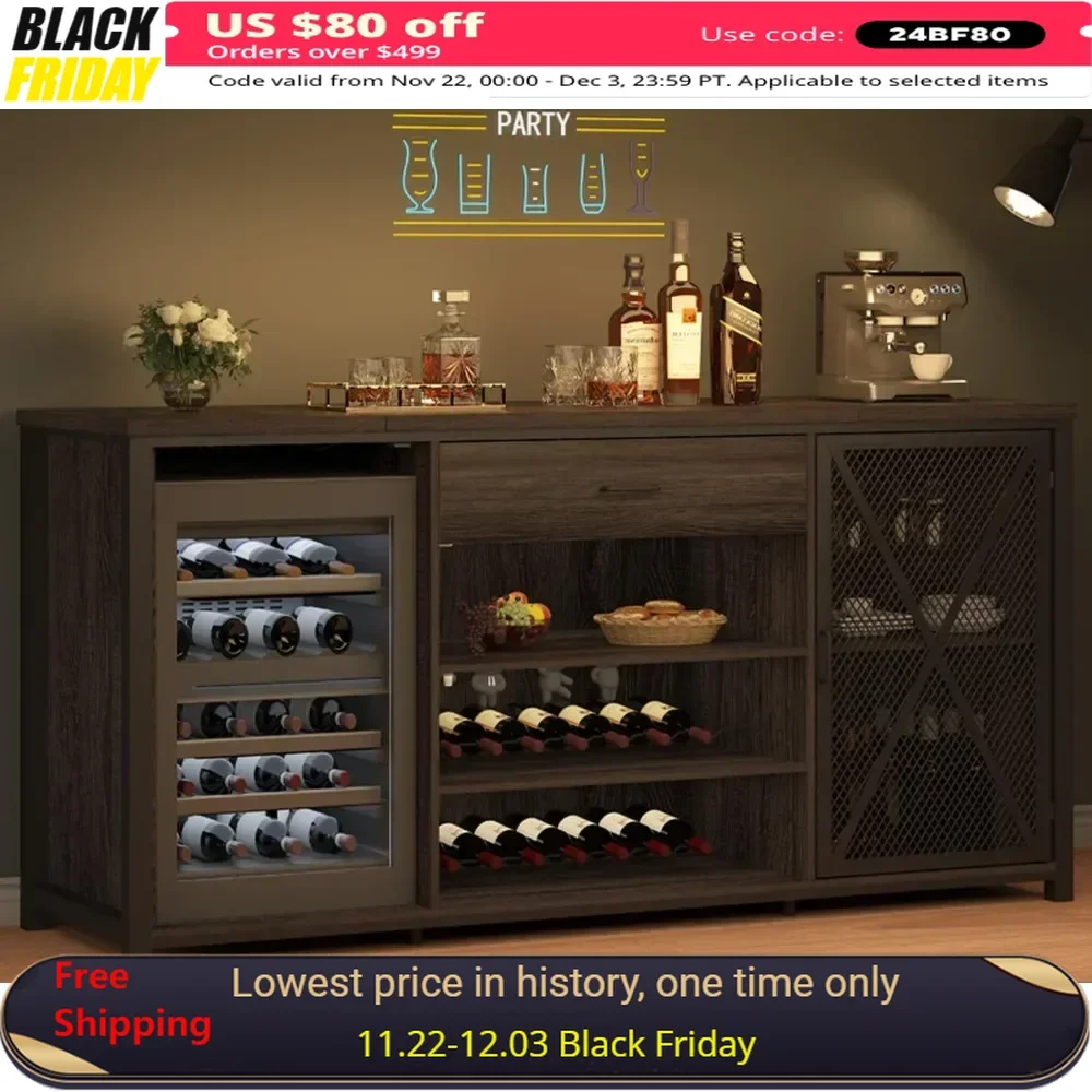 

Bar Cabinet with Fridge Space, Farmhouse Big Liquor Cabinets with Drawer Storage, Rustic Wood Metal Large Wine Cabinet