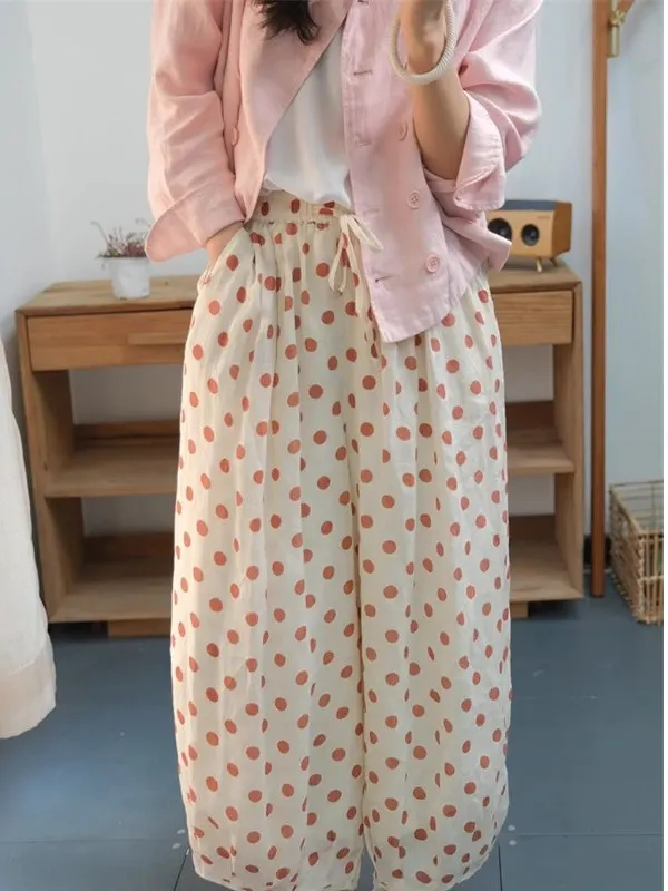 Pantaloni a palloncino larghi da donna Pantaloni estivi casual a gamba dritta a vita alta con elastico in vita Pantaloni con etichetta vintage a pois