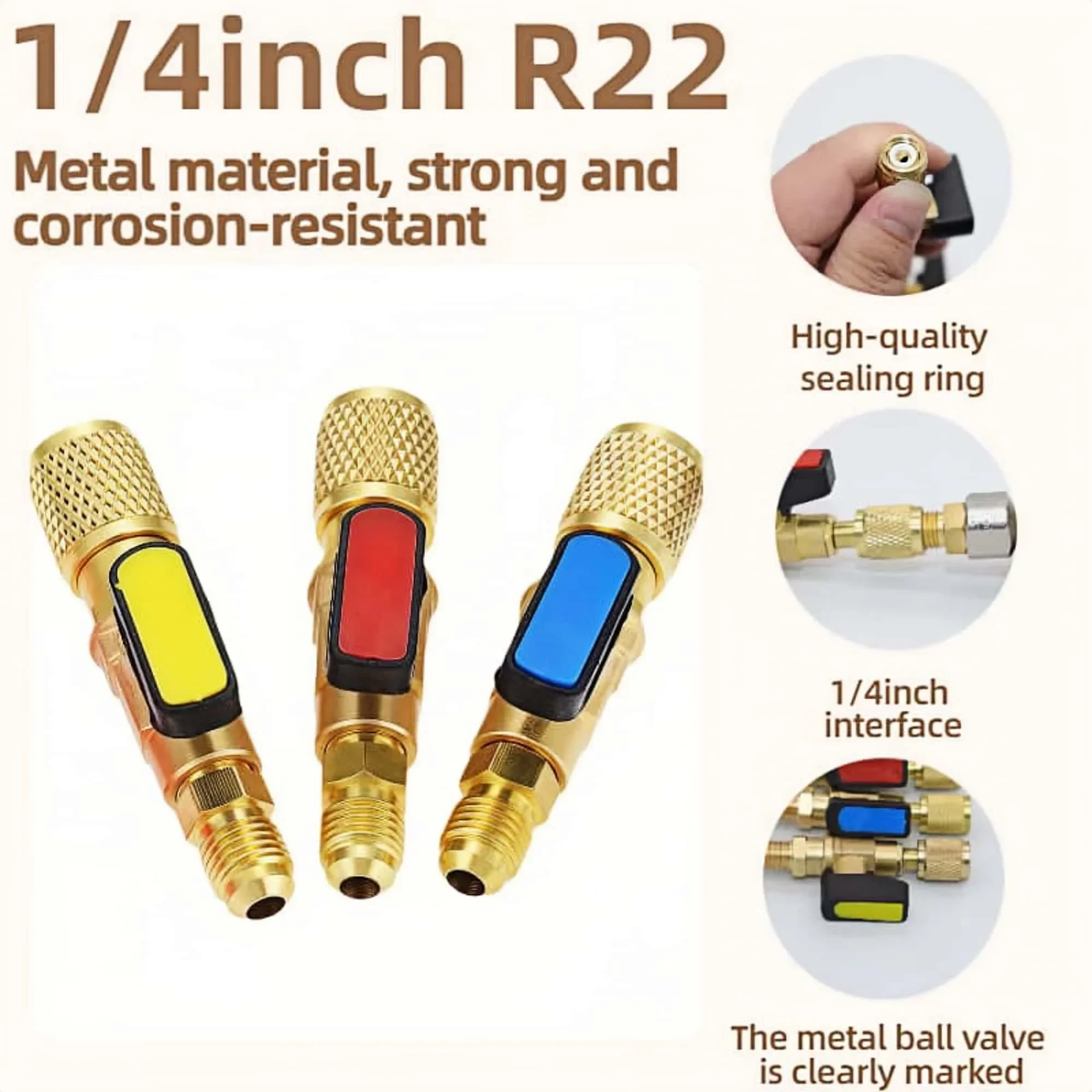 

Адаптер шарового крана хладагента для кондиционирования воздуха, металлический прямой запорный клапан HVAC A/C 1/4 дюйма, инструмент для переходника шланга r410a