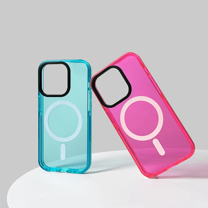 Neon Color Clear Crystal MagSafe Phone Case for iPhone 16 15pro max 15 14 Pro 13 12 Wireless Charging Soft Silicone Bumper Cover