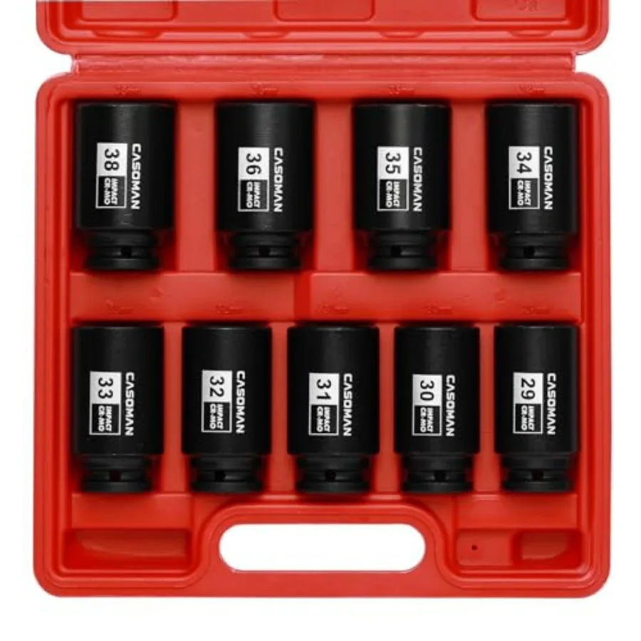 

large socket set 1/2- Inch Drive Deep Spindle Axle Nut Impact Socket Set, 6 Point, CR-MO, Metric, 29mm-38mm, 9-Piece 1/2" Dr. D