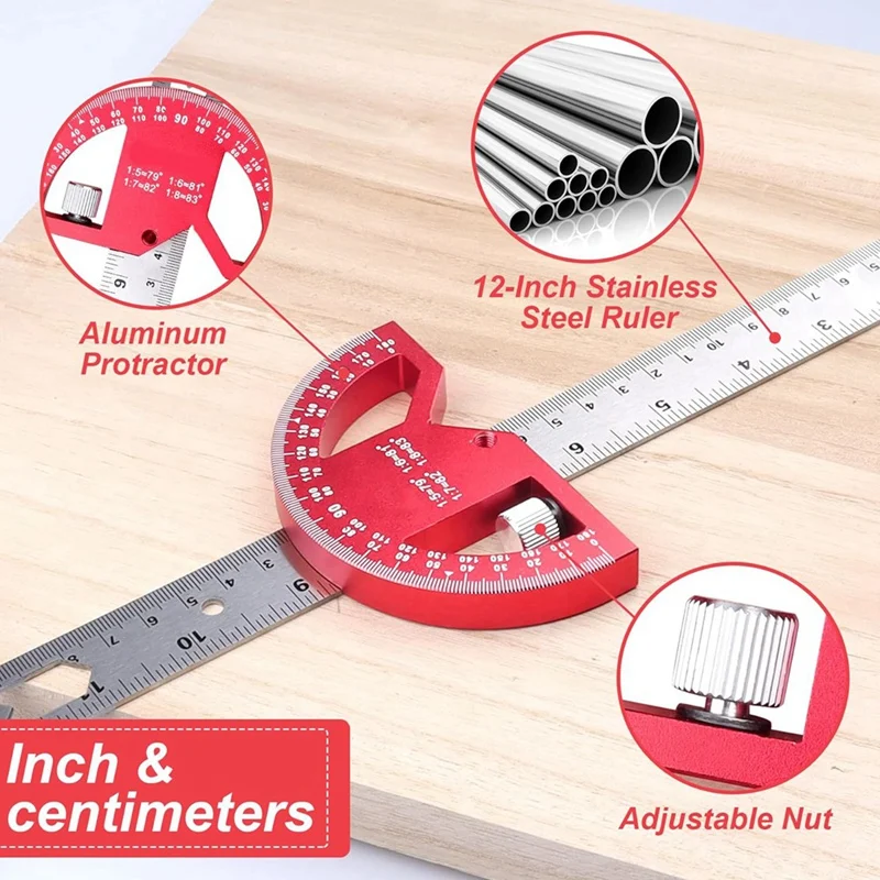 Red Protractor Angle Finder Aluminum Angle Ruler-Protractor For Woodworking, Angle Measuring Tool With 0-180 Degrees