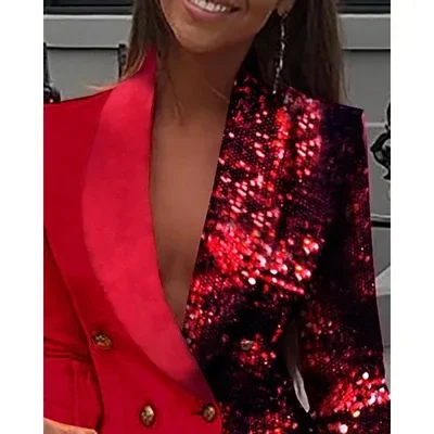 Women Fashion Club Female Colorblock Sequin Jacket  Long Sleeve Blazer Mini Party Club Vestidos Streetwear