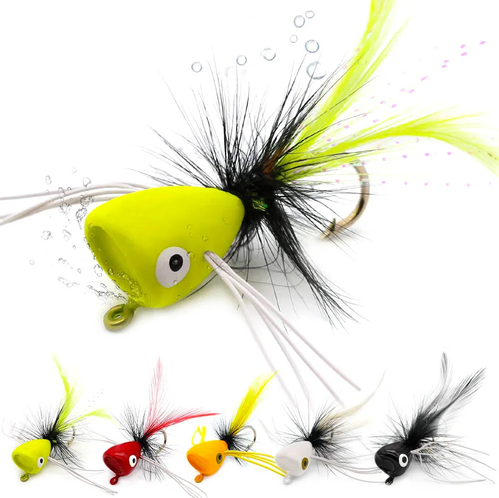 5PCS Topwater Fly Fishing Popper Floating Dry Flies Bugs Insect Lure Mayfly Hook for Bass Trout Sunfish Salmon Artificial Bait